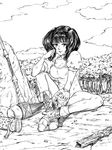  bare_legs blush boots breasts cleavage cloud diane_(nanatsu_no_taizai) expressionless eyelashes forest giantess gloves greyscale hammer highres indian_style large_breasts leotard long_hair looking_at_viewer monochrome nanatsu_no_taizai nature outdoors parted_lips plant polearm puffy_short_sleeves puffy_sleeves rock short_sleeves sitting sky solo takasakiyama_monmon tree twintails two_side_up weapon 