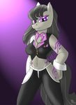  black_hair bow_tie breasts cleavage clothed clothing collinscorpio cutie_mark equine female friendship_is_magic fur grey_fur hair hi_res hooves horse long_hair looking_at_viewer mammal my_little_pony navel octavia_(mlp) pony presenting purple_eyes smile solo standing 
