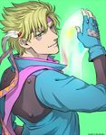  blonde_hair bubble caesar_anthonio_zeppeli facial_mark feathers fingerless_gloves gloves green_eyes hair_feathers headband jacket jojo_no_kimyou_na_bouken male_focus smskt_25 solo 