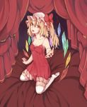  arm_support breasts cleavage collarbone dress flandre_scarlet hat highres kneeling looking_at_viewer mob_cap nail_polish nightgown on_bed open_mouth outstretched_hand red_dress red_eyes red_nails side_ponytail small_breasts solo thighhighs touhou white_legwear wings yayoi_(su_misheng) 