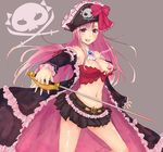  ascot bad_id bad_pixiv_id belt bow breasts bustier captain_liliana frills guiyu_(cindy) hat jolly_roger large_breasts long_hair midriff miniskirt navel pasties pink_eyes pink_hair pirate pirate_hat pleated_skirt queen's_blade queen's_blade_rebellion rapier ribbon skirt skull_and_crossed_swords solo star_pasties sword torn_clothes very_long_hair weapon 