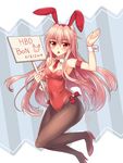  :o animal_ears armband breasts bunny_ears bunny_tail bunnysuit cleavage covered_navel detached_collar highres holding holding_sign long_hair luzi necktie original pantyhose pink_hair placard red_eyes red_neckwear short_necktie sign small_breasts solo tail very_long_hair wrist_cuffs 