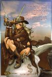  blonde_hair boots breasts cowboy_hat dual_wielding fringe_trim gun hat highres holding horse ir juliona_trans large_breasts long_hair looking_at_viewer looking_back moneybag rifle shiny shiny_skin shirou_masamune solo translation_request weapon western wild_wet_west 