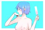  blue_background blue_eyes blue_hair breasts collarbone food hair_ornament hairclip mahou_shoujo_madoka_magica medium_breasts miki_sayaka momoko_(palemon) nipples popsicle short_hair solo topless 