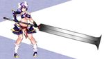  animal_ears aoshima armor breasts bunny_ears commentary_request convenient_censoring gauntlets groin highres huge_weapon large_breasts metallic_bikini midriff navel no_panties open_mouth purple_hair reisen ribbon solo sweatdrop sword touhou trembling underboob weapon 