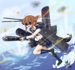  anchor anchor_symbol brown_hair bullet cannon damaged folded_ponytail glowing glowing_eyes inazuma_(kantai_collection) kantai_collection machinery mary_janes plasma-chan_(kantai_collection) qingfeng_(clashu) shoes signature smokestack thighhighs torpedo translated 