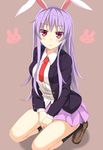  :c animal_ears ashu bunny_ears covering covering_crotch jacket long_hair long_sleeves looking_at_viewer necktie open_clothes open_jacket pink_eyes pleated_skirt purple_hair red_neckwear reisen_udongein_inaba shirt skirt solo squatting touhou very_long_hair 