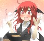  :d @_@ ahoge bat_wings black_dress blush bowl chopsticks demon_wings dress food head_wings koakuma long_hair low_wings nobamo_pieruda noodles open_mouth red_eyes red_hair shirt smile solo sparkle spicy tears touhou translated v-shaped_eyebrows wavy_mouth wings 