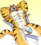  anthro armpits balls biceps big_muscles blue_nipples blue_nose blue_penis feline flaccid fur hands_behind_head humanoid_penis lying male mammal muscles nipples nude on_back orange_fur pecs penis poop_(artist) solo tiger tony_the_tiger vein yellow_eyes 