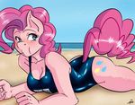  anthro beach blush breasts cleavage clothed clothing equine female friendship_is_magic horse lying mammal my_little_pony on_front outside pinkie_pie_(mlp) pony seaside solo swimsuit the-unicorn-lord 