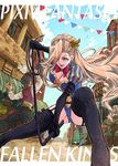  1girl awning blonde_hair boots elbow_gloves english eyelashes garter_straps gloves hair_ornament hair_over_one_eye leotard lipstick long_hair makeup pixiv_fantasia pixiv_fantasia_fallen_kings puffy_sleeves purple_eyes solo_focus thigh_boots thighhighs u_iii weapon whip 