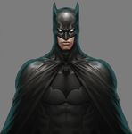  1boy bat_(symbol) batman batman_(series) bodysuit bruce_wayne cape dc_comics grey_background justice_league male male_focus mask simple_background solo 