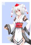  animal_ears blush breasts detached_sleeves fingerless_gloves gloves hat inubashiri_momiji kourindou_tengu_costume light_smile looking_at_viewer lunatic_rabbit medium_breasts pom_pom_(clothes) red_eyes short_hair silver_hair solo sword tail tokin_hat touhou weapon weapon_bag wolf_ears wolf_tail 