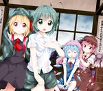  antennae blonde_hair blue_hair cirno closed_eyes dress_shirt green_eyes green_hair hand_on_own_chest indoors multiple_girls mystia_lorelei namori_(style) pink_eyes pink_hair red_eyes rumia ruu_(tksymkw) shirt short_hair shorts team_9 touhou towel wet wet_clothes window wriggle_nightbug 