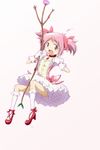  bow_(weapon) bubble_skirt gloves highres kaname_madoka kinfuji magical_girl mahou_shoujo_madoka_magica open_mouth pink_eyes pink_hair short_hair short_twintails simple_background skirt solo twintails weapon white_gloves 