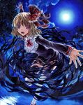  ascot blonde_hair cloud darkness dress fang fisheye foreshortening full_moon hair_ribbon kabaji long_sleeves looking_at_viewer moon night oil_painting_(medium) open_mouth outdoors outstretched_arms red_eyes reflection ribbon rumia short_hair solo spread_arms thighhighs touhou traditional_media water white_legwear 