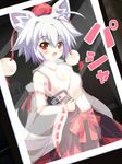  ahoge animal_ears bad_id bad_pixiv_id blush breasts detached_sleeves fang happy hat inubashiri_momiji looking_at_viewer marinon notebook open_mouth photo photo_(object) red_eyes see-through see-through_silhouette short_hair silver_hair small_breasts solo tail tokin_hat touhou wolf_ears wolf_tail 