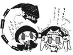  blush_stickers chibi commentary_request goma_(gomasamune) greyscale hat hood hooded_jacket hoodie jacket jitome kantai_collection monochrome multiple_girls re-class_battleship scarf sharp_teeth shinkaisei-kan tail teeth translated turret wo-class_aircraft_carrier 