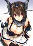  1girl bare_shoulders black_legwear blush breasts brown_hair cleavage elbow_gloves fingerless_gloves gloves headgear hullabaloo kantai_collection large_breasts long_hair looking_at_viewer midriff nagato_(kantai_collection) red_eyes skirt solo thighhighs zettai_ryouiki 