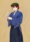  cigarette commentary english_commentary facial_hair glasses hakama hat highres japanese_clothes kondraki male_focus red_eyes red_hair scp_foundation seneo shosei smoke solo 
