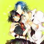  1girl black_hair blue_hair couple hetero holding_hands kill_la_kill kiocotton kiss matoi_ryuuko midriff mikisugi_aikurou multicolored_hair necktie school_uniform senketsu serafuku skirt streaked_hair suspenders 