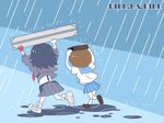  bag black_hair brown_hair case chibi copyright_name downscaled kill_la_kill mankanshoku_mako matoi_ryuuko md5_mismatch multicolored_hair multiple_girls puddle rain red_hair resized running school_bag school_uniform takatsuki_nato 