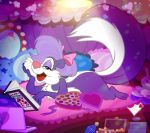  anthro book candy computer female fifi_la_fume food fur looking_at_viewer lying mammal mephitid multicolored_fur open_mouth pixelkitties purple_fur skunk solo tiny_toon_adventures warner_brothers 