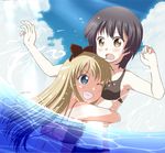  bikini black_hair blonde_hair blue_eyes bow brown_eyes cloud day funami_yui grin hair_bow hug ki_(adotadot) long_hair multiple_girls one_eye_closed open_mouth outdoors short_hair sky smile swimsuit teeth toshinou_kyouko water yuru_yuri 