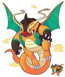  claws dragonite emererre fangs flying full_body fusion gen_1_pokemon gen_5_pokemon no_humans open_mouth pignite pixel_art pixelated pokemon pokemon_(creature) scales 