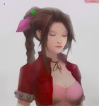  aerith_gainsborough denim_jacket dress eyes_closed final_fantasy final_fantasy_vii jacket materia pink_dress plusnine red_jacket white_background 