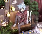  animal_ears apartment ashtray bad_id bad_pixiv_id between_legs blue_hair bonsai book bow brown_hair can cat_ears cat_tail cigarette cigarette_box couch disembodied_head flower_pot hair_bow hair_tubes hakurei_reimu hand_between_legs hood hood_down hoodie hourglass indoors lamp leg_up medicine_bottle on_couch orangina original pill plant potted_plant red_bow ryota_tentei scowl shoes short_hair sitting skinny_jeans smoking soda_can solo tail tora_tentei touhou tree yellow_eyes yukkuri_shiteitte_ne 