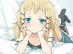  black_bullet blonde_hair blue_eyes curtains feathers hanako_(jiji) hands_on_own_cheeks hands_on_own_face highres legs_up lying no_shoes on_stomach pillow smile solo tina_sprout 