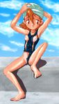  blush breasts brown_eyes brown_hair counterparts digimon digimon_adventure hat nipples open_eyes pussy school_swimsuit short_hair small_breasts smile spread_legs swimsuit swimsuit_aside takenouchi_sora 