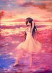  absurdres arm_behind_head arm_up armpits barefoot brown_eyes brown_hair cloud coffee-kizoku dress hand_in_hair hand_on_own_chest highres long_hair original ripples shiramine_rika sky solo sundress sunset venus wading water white_dress 