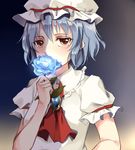  ascot bad_id bad_pixiv_id blue_flower blue_rose brooch dress flower hat jewelry looking_at_viewer mob_cap puffy_short_sleeves puffy_sleeves red_eyes remilia_scarlet rinarisa rose short_sleeves silver_hair smelling_flower solo touhou white_dress 