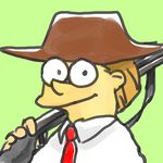  alto_clef brown_hair green_background gun hat looking_at_viewer male_focus matt_groening_(style) necktie parody scp_foundation seneo simple_background solo style_parody weapon 