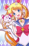  :d amawa_kazuhiro bishoujo_senshi_sailor_moon blonde_hair blue_eyes blue_sailor_collar bow brooch cat choker crossover double_bun earrings elbow_gloves gloves hair_ornament hairpin highres hummy_(suite_precure) jewelry long_hair magical_girl mitsuishi_kotono one_eye_closed open_mouth precure red_bow red_choker ribbon sailor_collar sailor_moon sailor_senshi_uniform seiyuu_connection smile suite_precure tsukino_usagi twintails white_gloves 