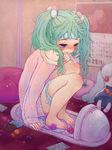  aimaina barefoot blush calendar_(object) candy doll food green_hair hantoumei_namako hatsune_miku highres long_hair long_sleeves medicine off_shoulder panties panties_around_one_leg pill pillow purple_eyes sitting slow_motion_(vocaloid) solo squat_toilet sweater thermometer twintails underwear vocaloid 