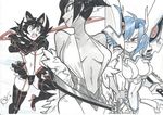  alex_ahad black_hair blue_hair boots breasts center_opening cosplay dark_skin dress eliza_(skullgirls) eyepatch face_mask filia_(skullgirls) highres junketsu kill_la_kill kiryuuin_ragyou kiryuuin_ragyou_(cosplay) kiryuuin_satsuki kiryuuin_satsuki_(cosplay) large_breasts mask matoi_ryuuko matoi_ryuuko_(cosplay) microskirt multiple_girls navel red_eyes revealing_clothes samson_(skullgirls) saw scissor_blade senketsu senketsu_(cosplay) skirt skullgirls suspenders thigh_boots thighhighs traditional_media underboob valentine_(skullgirls) weapon 