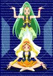  bindi blue_background bracelet choker commentary_request dress earrings forehead_jewel glasses green_eyes green_hair green_haired_cure_(wonderful_net_precure)_(happinesscharge_precure!) green_skirt hair_ornament happinesscharge_precure! happy highres jewelry long_hair looking_at_viewer magical_girl moritakusan multiple_girls open_mouth orange_eyes orange_hair orange_haired_cure_(wonderful_net_precure)_(happinesscharge_precure!) orange_skirt ponytail precure shirt shoes short_hair sitting skirt smile standing vest wrist_cuffs 