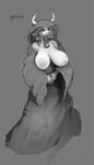  areola bell big_breasts bipedal bovine breasts cattle cowbell dogson female greyscale hair horn mammal mixed_media monochrome nipples partially_clothed plain_background robe solo 