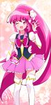  ;d aino_megumi blush boots bow cure_lovely earrings eyelashes hair_ornament happinesscharge_precure! happy heart heart_hair_ornament jewelry long_hair looking_at_viewer magical_girl namizou one_eye_closed open_mouth pink_bow pink_eyes pink_hair pink_skirt ponytail precure puffy_sleeves ribbon shirt skirt smile solo standing thigh_boots thighhighs very_long_hair vest wide_ponytail wrist_cuffs zettai_ryouiki 