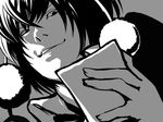  bad_id bad_pixiv_id black_hair death_note greyscale hat just_as_planned looking_at_viewer marinon monochrome parody photo_(object) shameimaru_aya short_hair smile solo tokin_hat touhou yagami_light 