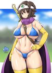  :d adapted_costume alternate_costume bangs between_breasts bikini black_hair blue_bikini blue_sky blurry breasts breasts_apart brown_eyes cape censored circlet cloud covered_nipples cowboy_shot curvy day depth_of_field dragon_quest dragon_quest_iii elbow_gloves fantasy gem gloves grass groin hand_on_hip jumping large_breasts light_smile looking_at_viewer micro_bikini monster mosaic_censoring navel onomeshin open_mouth roto shield shiny shiny_clothes shiny_skin short_hair skindentation sky slime_(dragon_quest) smile standing strap_cleavage sweatdrop swimsuit sword thick_thighs thighhighs thighs toned weapon wide_hips yellow_gloves yellow_legwear 