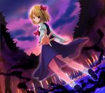  ascot blonde_hair blouse cloud cloudy_sky darkness dusk foreshortening forest hair_ribbon nature nnyara ribbon rumia short_hair skirt sky smile solo touhou vest 
