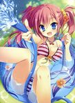  :d absurdres bikini blue_eyes breasts cleavage dengeki_moeou fang flower halterneck highres hose jewelry long_hair looking_at_viewer medium_breasts navel necklace open_mouth partially_submerged pink_bikini pink_hair smile solo striped striped_bikini swimsuit toranosuke twintails very_long_hair wading_pool water 