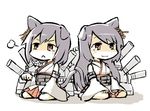  :&lt; alternate_hair_ornament animal_ears bare_shoulders cat_ears cat_tail clenched_hand closed_mouth detached_sleeves earrings fusou_(kantai_collection) hand_up japanese_clothes jewelry kantai_collection kemonomimi_mode konno_akikaze multiple_girls nontraditional_miko purple_hair red_eyes sitting smile tail v-shaped_eyebrows wariza white_background yamashiro_(kantai_collection) 