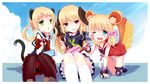  all_fours animal_ear_fluff animal_ears armband bad_id bad_pixiv_id blade_&amp;_soul blonde_hair blue_eyes cat_ears chopsticks dexp dog_ears dress eating food green_eyes highres kneehighs long_hair lyn_(blade_&amp;_soul) multiple_girls obentou pantyhose red_eyes ribbon school_uniform serafuku short_dress sitting smile tail twintails 