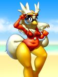  anthro anthrofied avian bag barefoot beach beak bikini bird blue_eyes breasts clothed clothing cloud delibird detailed_background elpatrixf eyelashes eyewear female fur glasses grasp happy looking_at_viewer navel nintendo nipple_bulge non-mammal_breasts outside pok&eacute;mon pok&eacute;mon_(species) pok&eacute;morph raised_arm red_fur sand sea seaside shadow shiny sky slightly_chubby smile solo standing swimsuit thick_thighs video_games water white_fur 