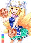  adapted_costume bare_arms bare_shoulders cheerleader e.o. fox_tail hat highres looking_at_viewer multiple_tails open_mouth orange_eyes pillow_hat pom_poms skirt smile solo tabard tail touhou yakumo_ran 